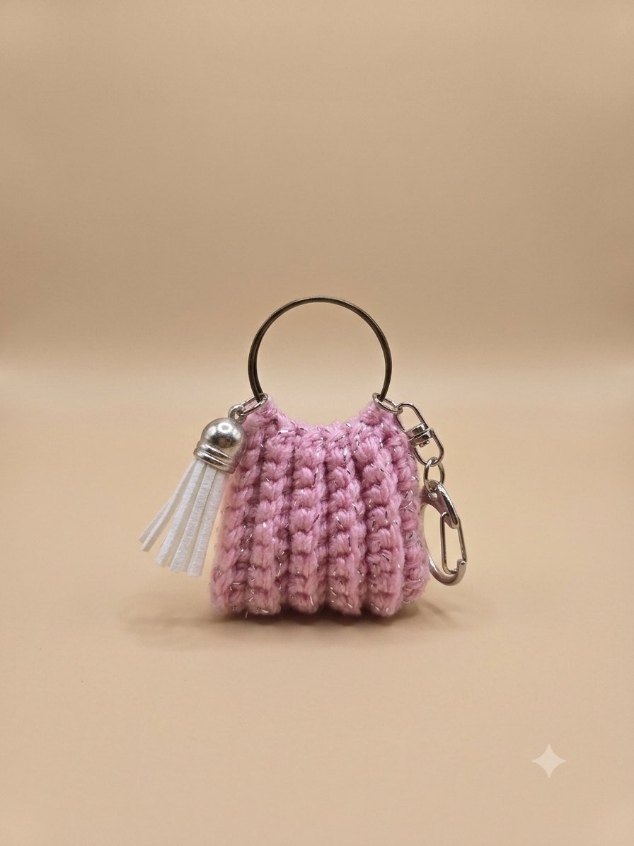 Mini Bag Keychain — Pink Sparkle — handmade crochet