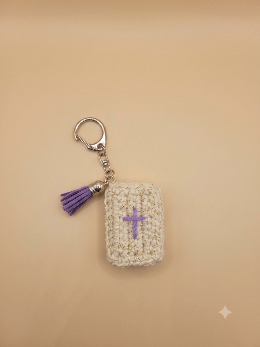 Mini Bible Keychain — Cream & Gold — handmade crochet Keychain by UNIQLYours