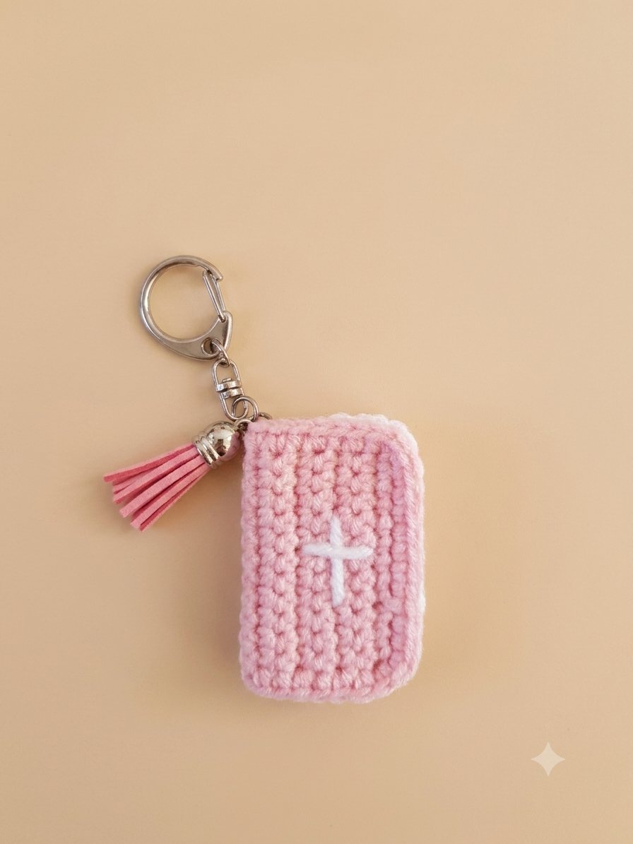 Mini Bible Keychain — Pink — handmade crochet