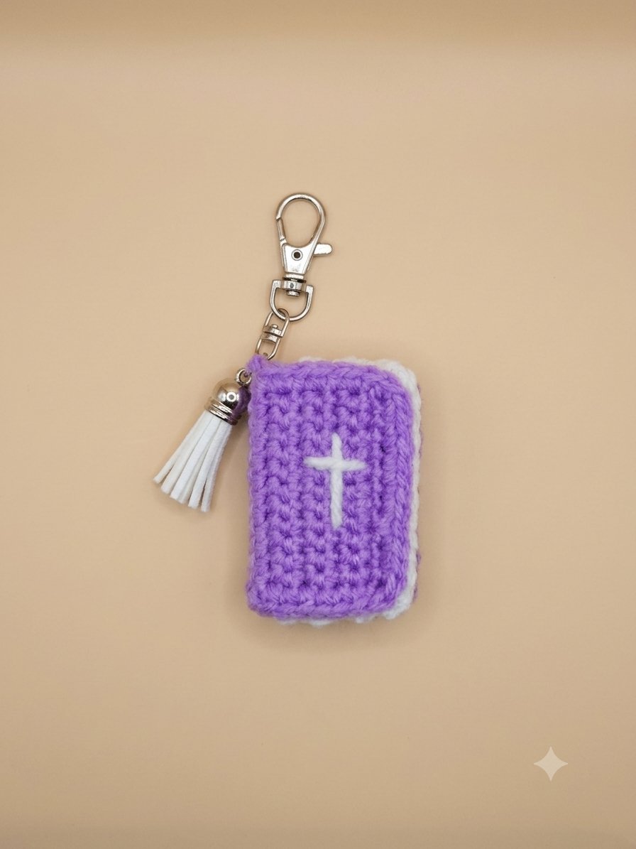 Mini Bible Keychain — Purple — handmade crochet