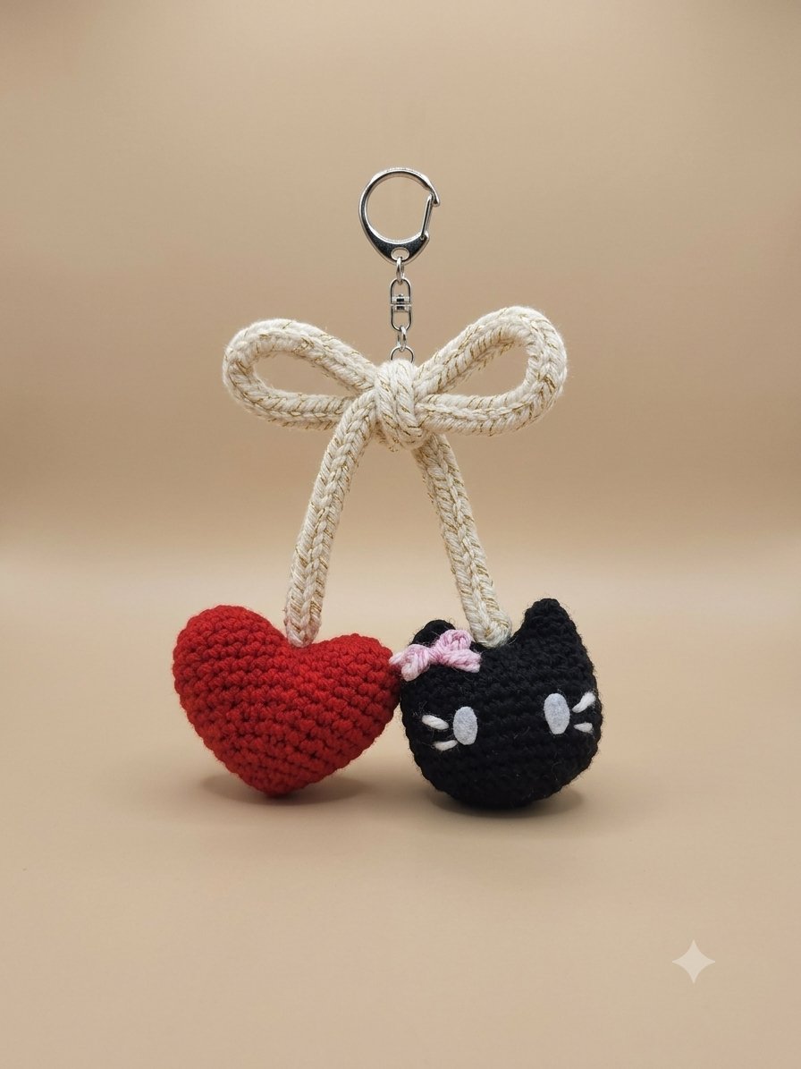 Cherry Charm — Heart & Cat — handmade crochet