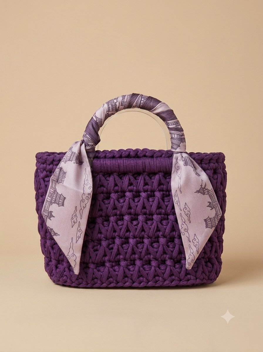 Plum Tote with Silk Scarf — handmade crochet by UNIQLYours